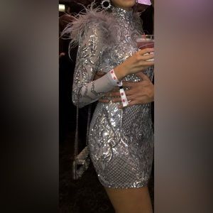 Gray Sequin Feather shoulder dress